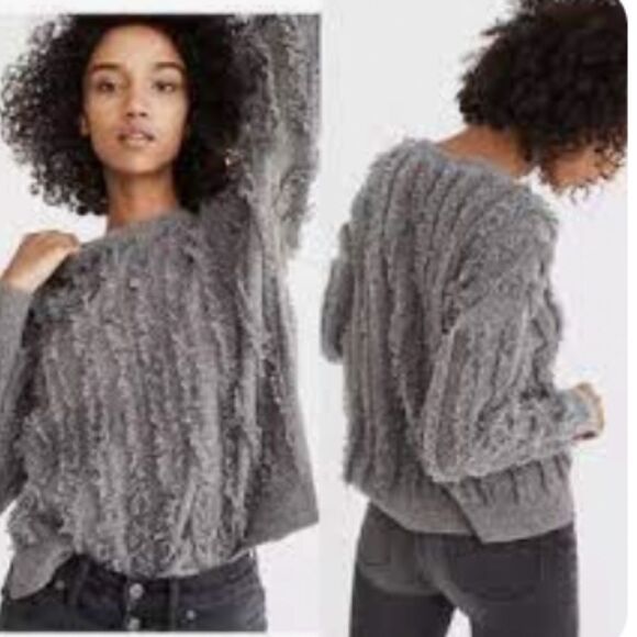 Madewell Merino Wool Fringe Stripe Cropped Gray Grey Sweater XS - Picture 1 of 3